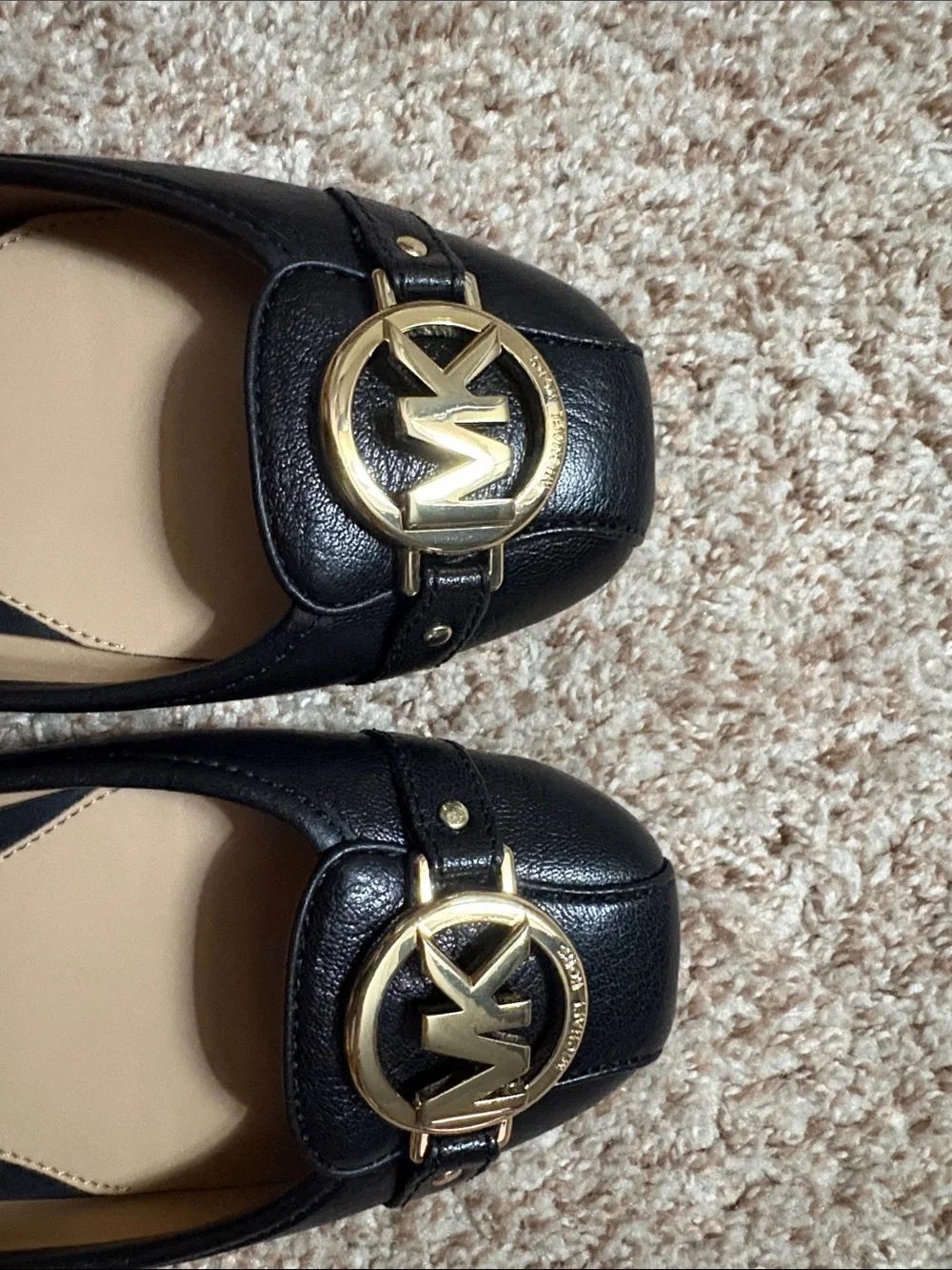 MICHAEL Michael Kors Black Leather Logo Ballet Flats with Gold MK Emblem